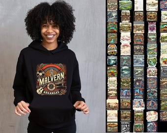 May include: A black hoodie with a vintage-style graphic design featuring the text "Malvern, Arkansas" and a record player, microphone, and guitar. The hoodie has a drawstring hood and a kangaroo pocket.