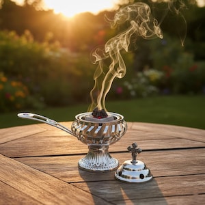 May include: A silver incense burner with a handle, a decorative base, and a lid with a cross on top. Smoke rises from the burning incense, with a blurred background of greenery and sunlight.