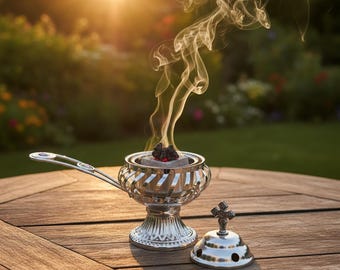 Orthodox Incense Burner Set, Silver Metal Censer 7.4x5.5in, Greek Frankincense, Charcoal Tablets, Christian Prayer Kit, Religious Gift