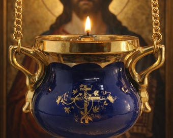 Ceramic Hanging Oil Lamp 6.7in, Orthodox Oil Lamp, Church Oil Lamp, Prayer Corner Lamp