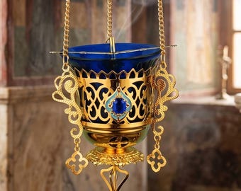 Brass Enamel Oil Lamp 5.5in Orthodox Hanging Vigil Lamp for Prayer