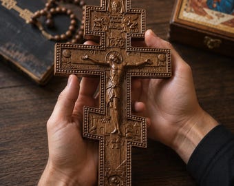 Wooden Orthodox Cross, Beech Wood Crucifix, Christian Wall Cross Decor