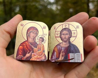 Wooden Orthodox Icon Diptych Virgin Mary Jesus Christ 1.8in Folding Icon
