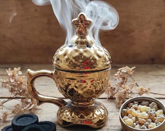 Ceramic Incense Set 5.3 in, Orthodox Censer, Greek Incense & Charcoal, Christian Gift Set, Home Prayer Decor