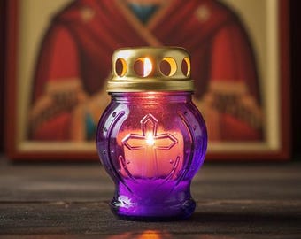 Glass Memorial Candle 3.6in/134g, Memorial Lantern, Grave Candle, Cemetery Decor, Prayer Candle, Orthodox Icon Lamp, Vintage Oil Lamp