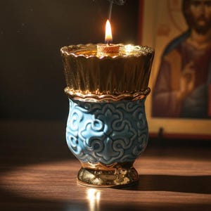 Blå keramisk lampuppsättning 6,3×10,3 cm, med 10 vekar och flottör, ortodox lampa, ikonlampa, böneljus, religiös dekor