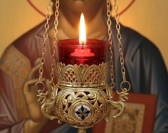 Enamel Hanging Oil Lamp 7.87×3.94 in, Made in Greece, Orthodox Lamp, Icon Lamp, Prayer Light, Church Decor