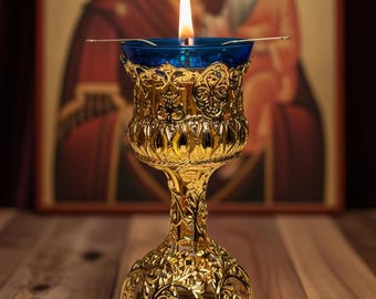 Glass Oil Lamp with Blue Globe, Vintage Oil Lamp, Orthodox Icon Lamp, Hanging Oil Candle, Eastern Orthodox Christian Prayer Lamp