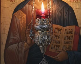 Hanging Oil Lamp 9.06in, Gold Plated Brass Lamp, Orthodox Church Lamp, Greek Lampada, Icon Lamp, Prayer Corner