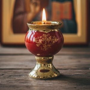Puede incluir: Una vela roja encendida en un portavelas con adornos dorados, con un icono religioso al fondo. La llama de la vela es brillante contra la imagen borrosa de una pintura religiosa. El portavelas tiene un diseño de cruz decorativo.