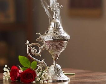 18cm Carved Bronze & Nickel Orthodox Censer, Byzantine Incense Burner, Church Supply, Prayer Corner Decor, Religious Gift