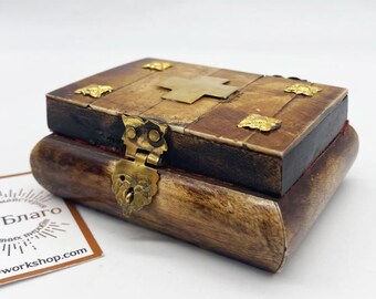 Wooden Religious Box with Lock Velvet Lined, Small Case 3.5 in