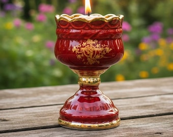 Christian Red Ceramic Table Oil Lamp 5.5in. Set Includes: Lamp, floating wick, wick holder