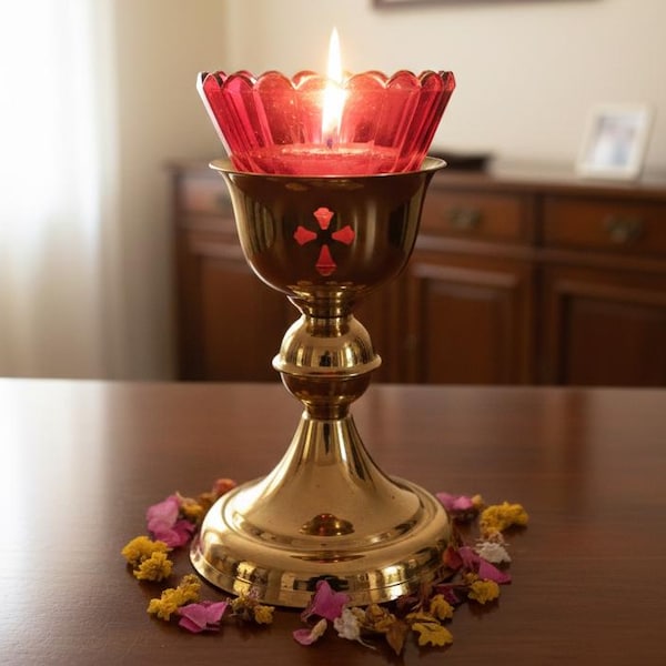 Metall-Tischikonenlampe 10 x 13 cm, kyrillische Lampe, Öllampe, Ikonenlampe, Gebetslicht, Kirchendekor