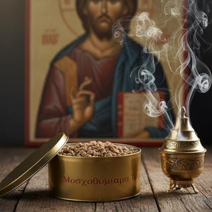 May include: A gold-colored incense burner with smoke rising, next to an open tin of incense and an icon of Jesus. The tin has Greek text. The items are on a wooden surface.