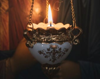 Ceramic Hanging Oil Lamp, White Orthodox Lampada, Icon Lamp
