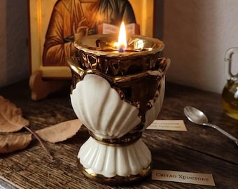 White Ceramic Vigil Lamp Set, 3.74in Orthodox Oil Lamp with Float