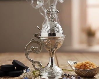 Orthodox Prayer Set: 5.5 in × 3.1 inch gold metal censer, 50 grams of incense, 6 charcoal tablets.
