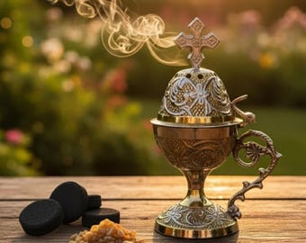 Orthodox Prayer Set: 5.5 in × 3.1 inch gold metal censer, 50 grams of incense, 6 charcoal tablets.