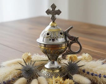 Metal Orthodox Incense Burner 5.5in, Greek Home Censer, Church Incense Holder, Byzantine Censer, Prayer Tool, Altar Supply