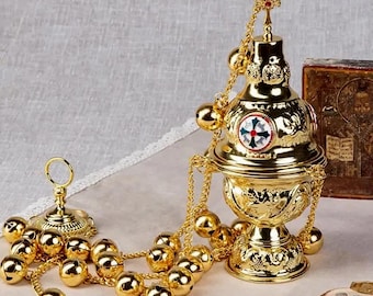 Gold Hanging Orthodox Censer 26in with 24 Bells | Brass Incense Burner | Designs with Cross or Saints (Jesus, Mary, Nicholas)
