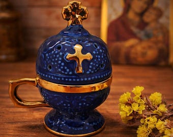 Orthodox Ceramic Incense Blue Burner with Cross 6.3 inches, Christian Incense Holder