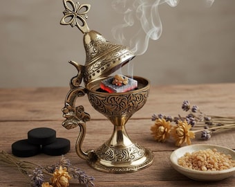 Orthodox Prayer Set: 5.5 in × 3.1 inch gold metal censer, 50 grams of incense, 6 charcoal tablets.