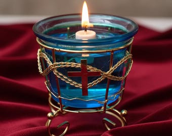 Blue Glass Oil Lamp in Metal Stand  – Orthodox Candle Holder for Prayer
