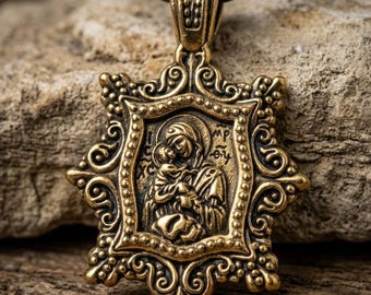 Pochaiv Mother of God Pendant, Orthodox Metal Icon Necklace