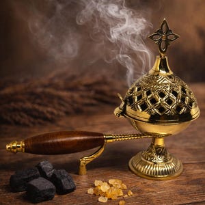 May include: A gold-colored incense burner with a decorative cross-shaped top and a wooden handle. Smoke rises from the burner, and there are pieces of charcoal and resin nearby. The burner is on a wooden surface.