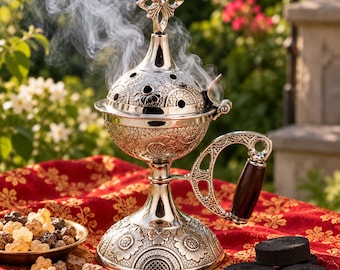 Brass Incense Burner 16 cm / 6.3 in, Censer with 50g Incense & Charcoal