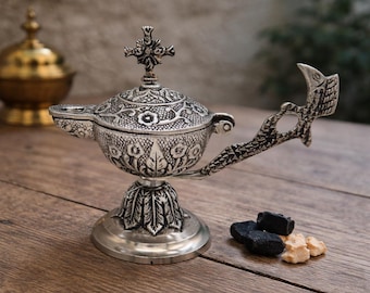 Orthodox Metal Incense Burner 6.3x5.1 in., Home Censer with Handle, Church Decor