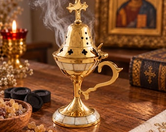 Brass Incense Burner Set, Orthodox Censer with Incense and Charcoal, 16 cm