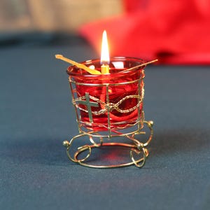 Red Glass Oil Lamp in Metal Stand 2in  – Orthodox Candle Holder for Prayer, Aromatherapy, Altar Decor, Christian Gift, Orthodox prayer