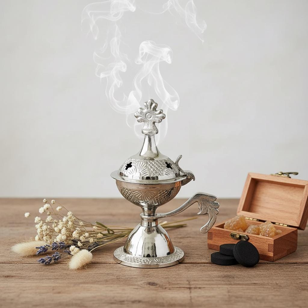 Small Silver Incense Burner 4.3in Set – Greek Orthodox Censer, 50g