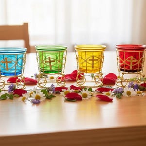 Puede incluir: Cuatro candelabros de vidrio de colores con diseños de cruces doradas. Los candelabros son azules, verdes, amarillos y rojos, cada uno en un marco decorativo de metal dorado. La mesa está decorada con pétalos de flores y flores pequeñas.