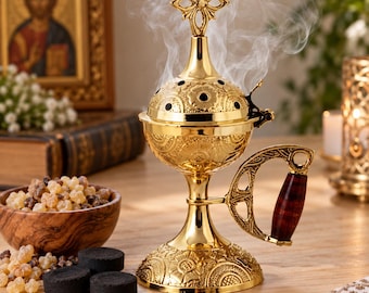 Brass Incense Burner 16 cm / 6.3 in, Censer with 50g Incense & Charcoal