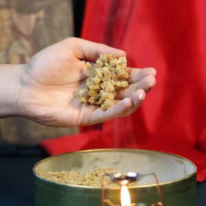 May include: A hand holding a cluster of small, light brown, granular pieces, possibly incense or a similar substance. The pieces are being sprinkled over a container. A small, lit candle is in the foreground, and a red cloth is in the background.