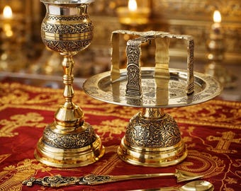 Brass Eucharist Set 100ml Chalice Paten Diskos Set, Spoon Spear Set, Orthodox Communion Set