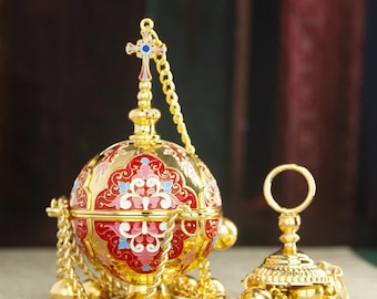 Orthodox Hanging Censer 25.6in | Brass Church Incense Burner with Bells | Enamel Design in Blue or Pink