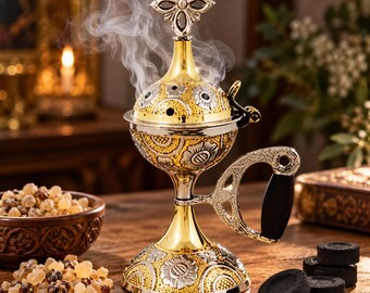 Brass Incense Burner 16 cm / 6.3 in, Censer with 50g Incense & Charcoal