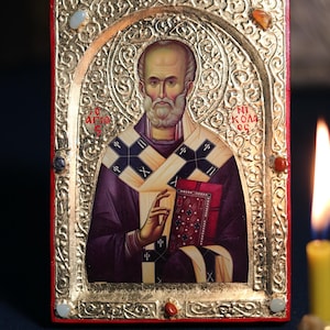 Handgemaakt Sinterklaas-pictogram, Grieks-orthodoxe icoon van Sint-Nicolaas, Byzantijnse kunst muur hangend icoon op houten plaquette, religieus cadeau decor