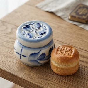 Può includere: Un barattolo rotondo in ceramica con coperchio, decorato con motivi floreali dipinti a mano in blu e un design a croce in rilievo sul coperchio, accompagnato da un piccolo panino rotondo dorato impresso con le lettere greche IC XC NI KA.