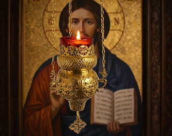 Lámpara de aceite ortodoxa colgante de 15 cm, lámpara de iglesia de latón de Grecia, lámpara de oración con icono y cadena, decoración cristiana