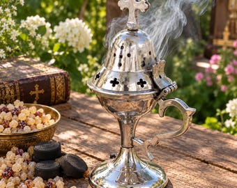 Orthodox Brass Censer with Incense & Charcoal, 16 cm / 6.3 in