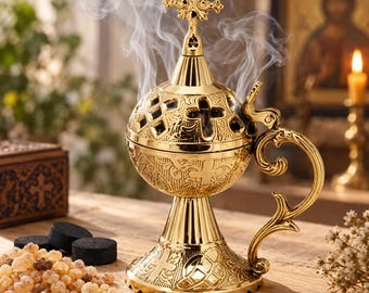 Brass Orthodox Incense Burner, Church Censer with Charcoal Set