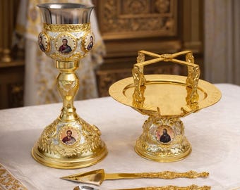 Brass Nickel Eucharist Set 250ml Chalice Diskos Set, Orthodox Communion Set with Icons, Spoon Spear Set, Engraved Liturgical Vessels