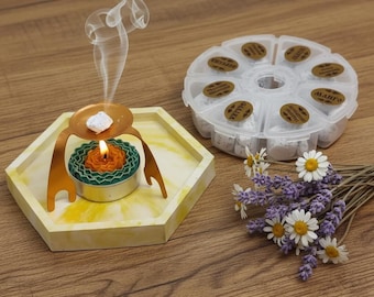 Orthodox Daily Prayer Set – 8 Types of Athonite Incense, Decorative Plaster Tray 4", Wax Candle, and Metal Spider Stand