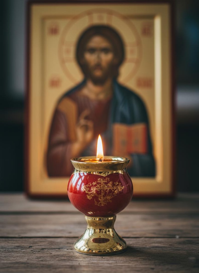 May include: A lit red candle in a gold-trimmed holder with a religious icon in the background. The candle flame is bright against the blurred image of a religious painting. The candle holder has a decorative cross design.