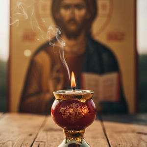 May include: A lit candle in a red and gold decorative holder with ornate detailing. Wisps of smoke rise from the candle, with a blurred religious icon in the background. The candle holder sits on a wooden surface.